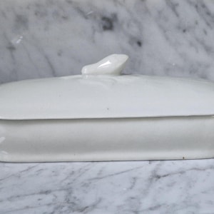 Peut inclure: Boîte à bijoux rectangulaire en céramique blanche avec couvercle. Le couvercle est orné d'une petite poignée décorative en forme d'oiseau. Posée sur une surface en marbre.