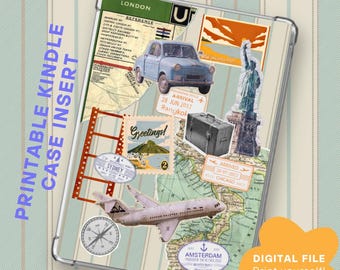 Vintage reisplakboek afdrukbare Kindle-insteekkaart voor doorzichtig hoesje - Basic, Paperwhite, Oasis