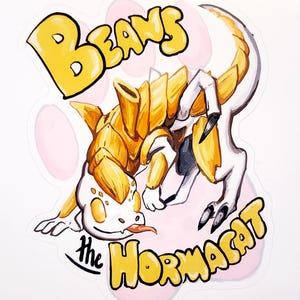 Puede incluir: Una ilustración de dibujos animados amarilla y blanca de una criatura con el texto "Beans the Hornacat" sobre un fondo rosa.