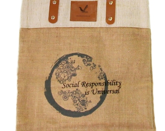 Hand Crafted Stylish Multi-purpose Heavy Duty Shop & Carry Market Tote Jute Grocery Bag with Leather Handle 100% Biodegradable