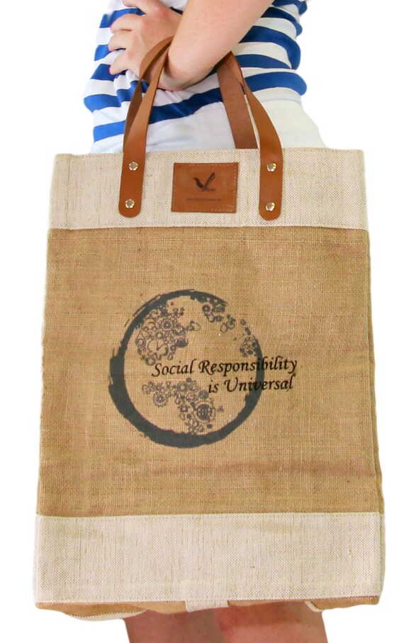 Hand Crafted Stylish Multi-purpose Heavy Duty Shop & Carry Market Tote Jute Grocery Bag with Leather Handle 100% Biodegradable