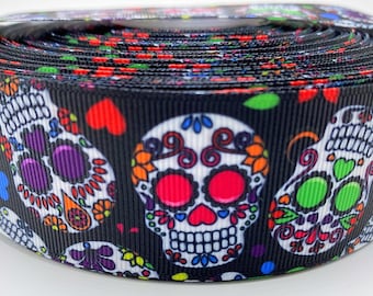 Sugar skull ribbon, Halloween ribbon, Day of the dead, Skull ribbon, Ribbon for bows, Grosgrain ribbon