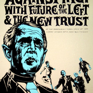 May include: Poster with the text "AGAINST ME! WITH FUTURE OF THE LEFT & THE NEW TRUST". The poster features a blue-toned illustration of a man's face and several running figures. The event details include the venue, date, and time.
