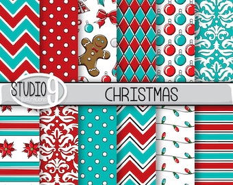 christmas digital paper red teal christmas pattern prints etsy