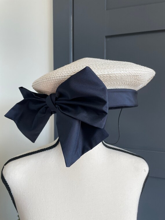 Eric javits hat beret vintage straw blue bow - image 5