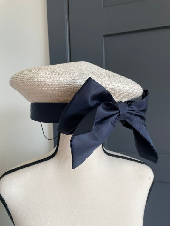 Eric javits hat beret vintage straw blue bow - image 1