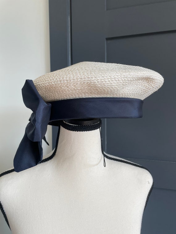 Eric javits hat beret vintage straw blue bow - image 4