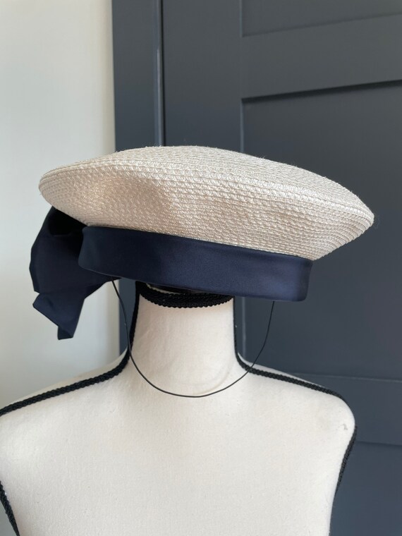 Eric javits hat beret vintage straw blue bow - image 3
