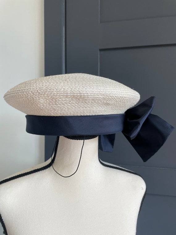 Eric javits hat beret vintage straw blue bow - image 2