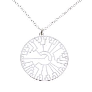 May include: A silver necklace with a circular pendant featuring a detailed tree of life design.