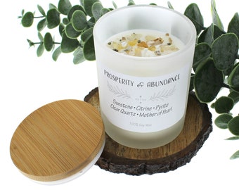 Intention candles, abundance candles, candles with crystals, manifestation candles, healing candles, crystal infused candles, new moon