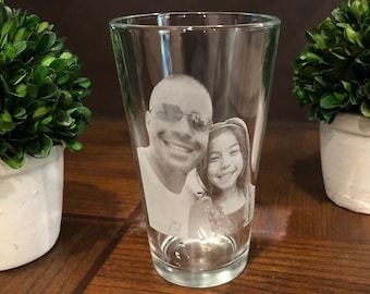Photo on glass, photograph on glass, rock glass, pint glass, custom beer glass, photo etched glass, picture on glass, fathers day gifts