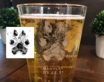 Actual paw print, paw prints glass, beer glass, pint glass, custom beer glass, pet memorial gift, pet keepsake, pet gifts, pet loss gift
