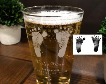 Baby footprints, beer glass, pint glass, custom beer glass, gifts for dad, first time dad gift, memorial gifts, pint glass, baby footprints