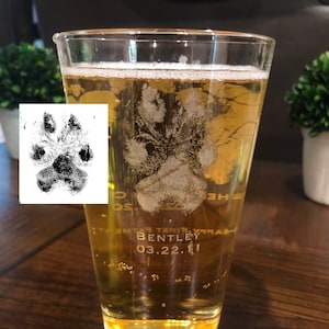 Actual paw print, paw prints glass, beer glass, pint glass, custom beer glass, pet memorial gift, pet keepsake, pet gifts, pet loss gift
