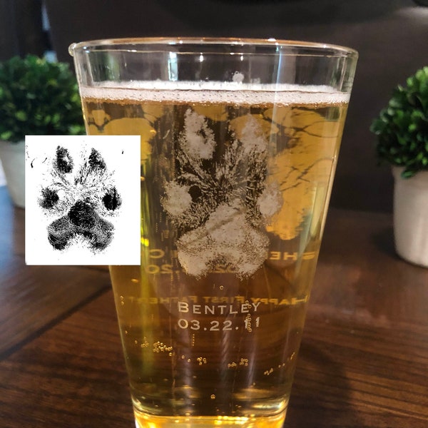 Actual paw print, paw prints glass, beer glass, pint glass, custom beer glass, pet memorial gift, pet keepsake, pet gifts, pet loss gift