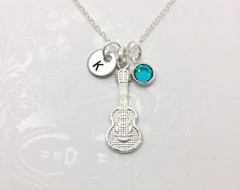 Acoustic Guitar Necklace with Choice of Swarovski Birthstone & Initial, Electric Guitar, Gift for Musician, Guitar Gift, Music Teachers Gift