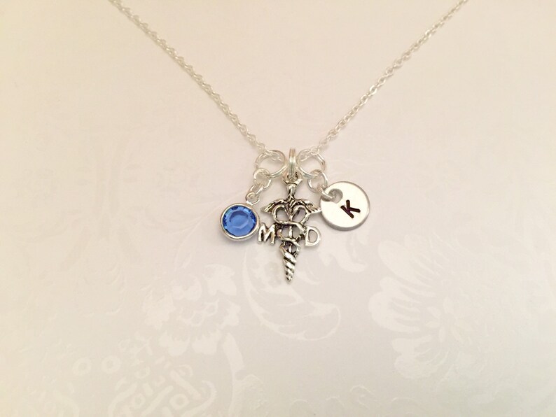 MD Doctor Necklace with Birthstone Charm & Initial Gift for Etsy