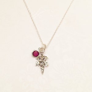 MD Doctor Necklace with Birthstone Charm & Initial Gift for Doctors, Doctor Graduation Gift, Medical Jewelry, MD Necklace, Gift for MD