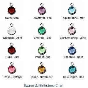 May include: A chart showing the Swarovski birthstones for each month of the year. The chart features a small, round, crystal charm for each month, with the name of the stone and month listed below each charm.