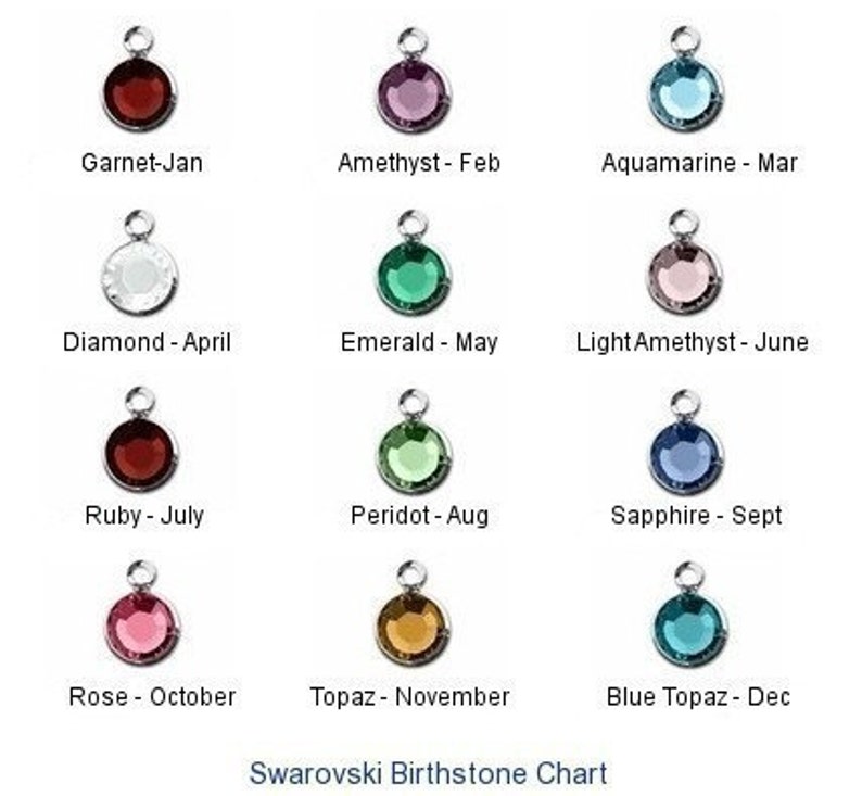 May include: A chart showing the Swarovski birthstones for each month of the year. The chart features a small, round, crystal charm for each month, with the name of the stone and month listed below each charm.