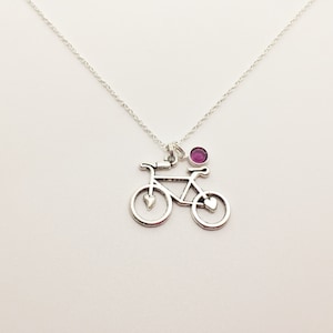 Antique Silver Bicycle Necklace with Birthstone Gift for Bicyclist, Bike Rider, Bicycle, Bike, Bike Racer, Hiker, Bike Race Jewelry