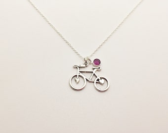 Antique Silver Bicycle Necklace with Birthstone Gift for Bicyclist, Bike Rider, Bicycle, Bike, Bike Racer, Hiker, Bike Race Jewelry