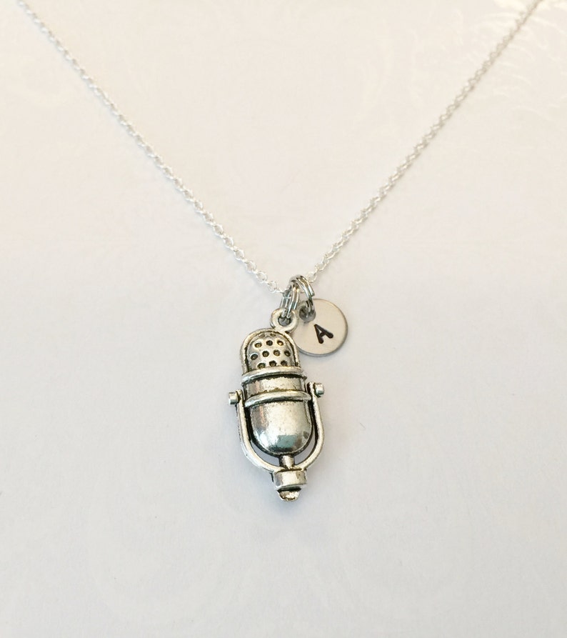 Microphone Necklace with Initial Antique Silver Vintage Etsy