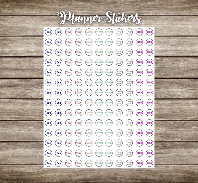 May include: A sheet of planner stickers with various labels, including "Due", "Test", "Quiz", "Study", "Home Work", and "Read". The stickers are in a variety of colors, including pink, blue, green, and yellow.