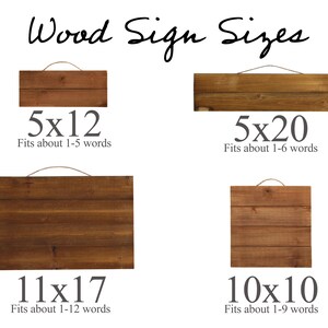 May include: Four different sizes of wooden signs with rope hangers. The signs are made of natural wood and have a rustic look. The sizes are 5x12 inches, 5x20 inches, 11x17 inches, and 10x10 inches. Each sign has text indicating the size and how many words it can fit.