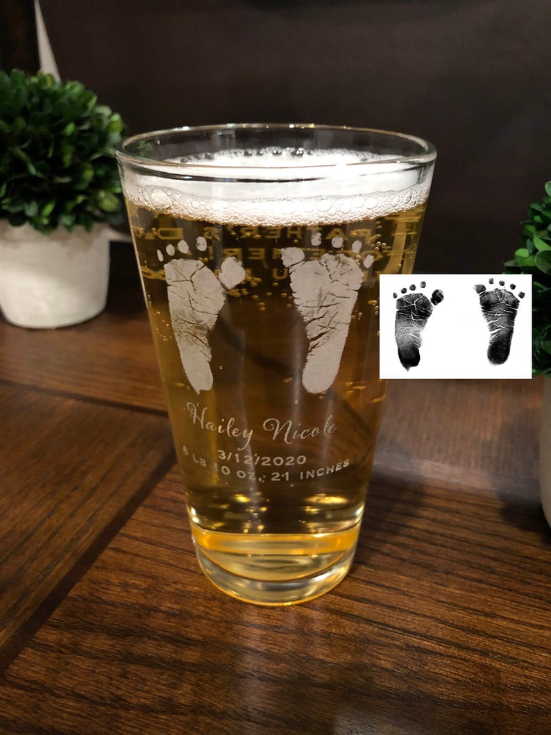 Baby footprints, beer glass, pint glass, custom beer glass, gifts for dad, first time dad gift, memorial gifts, pint glass, baby footprints image 1