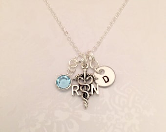 RN Registered Nurse Necklace Caduceus Pendant with Choice of Initial and Swarovski Birthstone Gift for Nurse Nursing Student Medical Jewelry