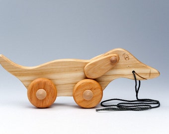 Wood Dog on Wheels, Wooden Dachshund, toy on wheels, Wheeled Wood Dog, Wood Toy Dog - Wood toy animal, Sausage dog push and pull toy