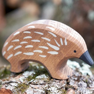 May include: A wooden toy echidna with a brown body and white markings. The toy is carved in the shape of an echidna and has a black nose.