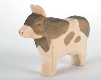 Montessori Wooden Animal Cow Figure - Handcrafted Open Ended Wooden Toy Farm Animal - Waldorf Inspired Organic Wood Toy - Cow b&w standing