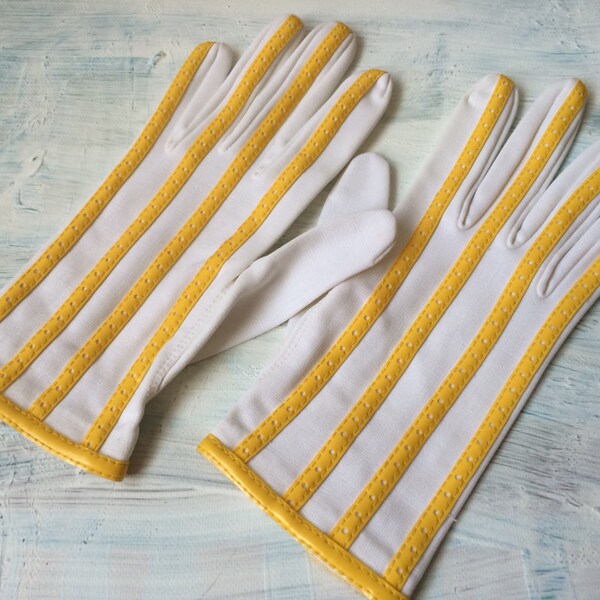 SALE!!!  RARE Vintage 60s White Nylon with Yellow Patent Leather Trim Ladies' Day Gloves