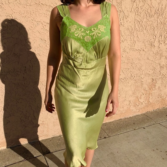 Vintage 40s Chartreuse Lace and Satin Slip Dress S