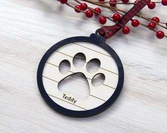 Personalized Pet Ornament, Shiplap Paw Print Christmas Gift