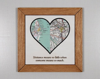 Long Distance Relationship Gift, Custom Map Heart, Framed Wood Wall Art, Romantic Anniversary and Valentine Keepsake