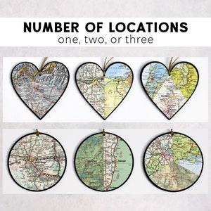 May include: Six ornaments featuring maps of different locations. Three are heart-shaped and three are round. The ornaments are black with a gold string. The text on the image reads "NUMBER OF LOCATIONS one, two, or three".