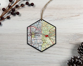 Custom Hexagon Map Ornament, Travel Keepsake, Destination Wedding Gift
