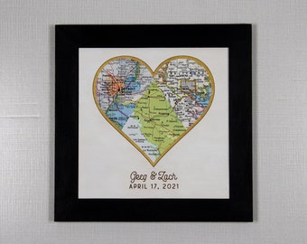 Framed Wedding Map Heart, Couples Name and Date Sign, 5th Anniversary Relationship Gift Ideas