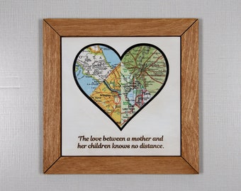 Long Distance Mom Birthday Gift, Mothers Day Personalized Wooden Map Heart, Framed Wall Art