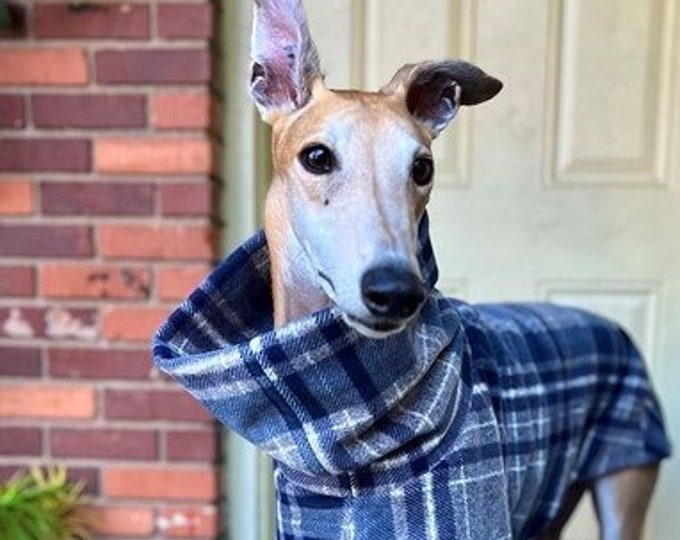 Winter Coat for Greyhound - Greyhound Coat - Luxe Fleece Coat for Dog - Navy Gray White Plaid - Dog Jacket - Greyhound Sizes