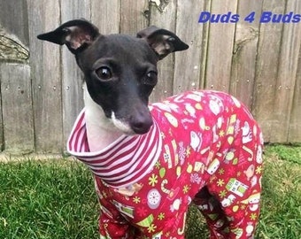Italian Greyhound Clothing - Dog Pajama - Onesie for Dog - Red Christmas - Italian Greyhound and Small Dog Sizes