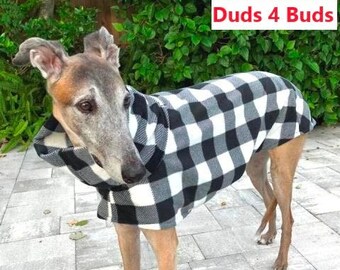 Greyhound Coat - Plaid Dog Coat - Dog Jacket - Greyhound Clothing - Black & White Plaid - Pet Clothing - Fleece Coat For Greyhound