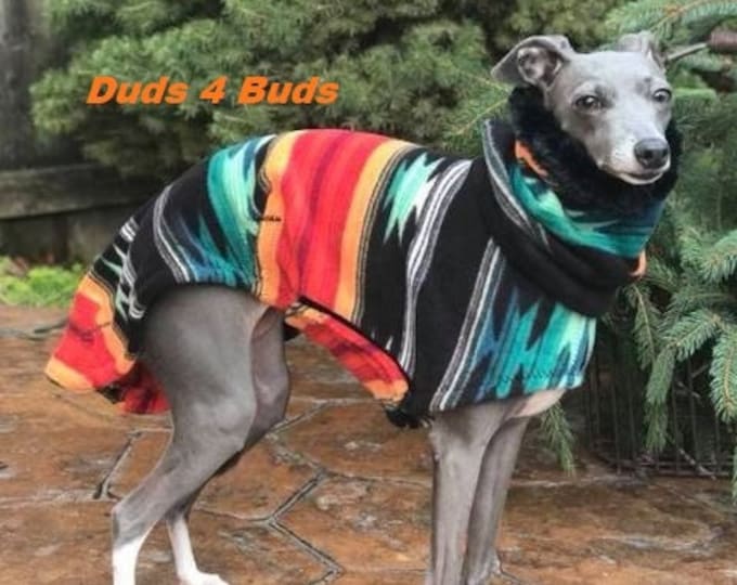 Italian Greyhound Coat - Italian Greyhound Clothing - Aztec Hoodie w/Faux Fur - Fleece Dog Coat - Italian Greyhound Sizes