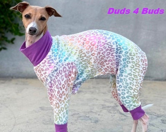 Italian Greyhound Clothing - Pajama For Dog - Onesie for Dog - Glitter Rainbow Cheetah - Small Dog Clothes