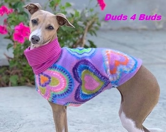 Italian Greyhound Clothing - Lavender Hearts - Italian Greyhound Coat - Dog Clothing - Pet Clothing - Small Dog Clothes - Fleece Dog Jacket