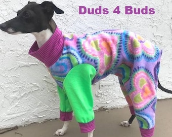 Italian Gryehound Clothing- Pajama For Dog - 4 leg Pajama for Dog - Lavender Hearts  - Small Dog Clothes